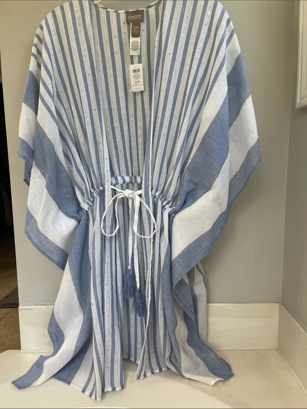 Chico's Blue and White Striped Drawstring Ruana/Beach Coverup